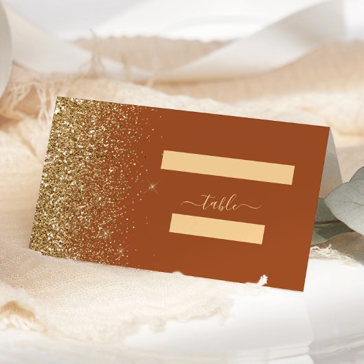 Moderne Terracotta Gold Glitzer Wedding Platzkarte