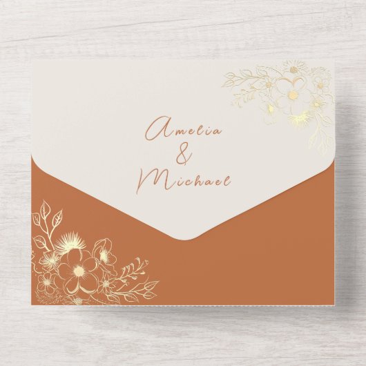 Moderne Terracotta-Hochzeit in einer Einladung (Rückseite)