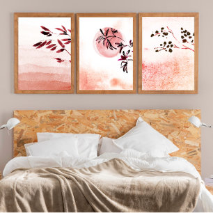 Moderne Terracotta Japandi Landschaft mit Zweigen Bilderwand Sets