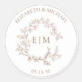 Moderne Terracotta Leafy Wappen Monogram Wedding Runder Aufkleber (Vorderseite)