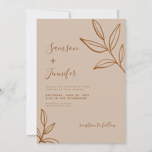 Moderne Terracotta mit Blätter Boho Wedding Einladung (Vorderseite)