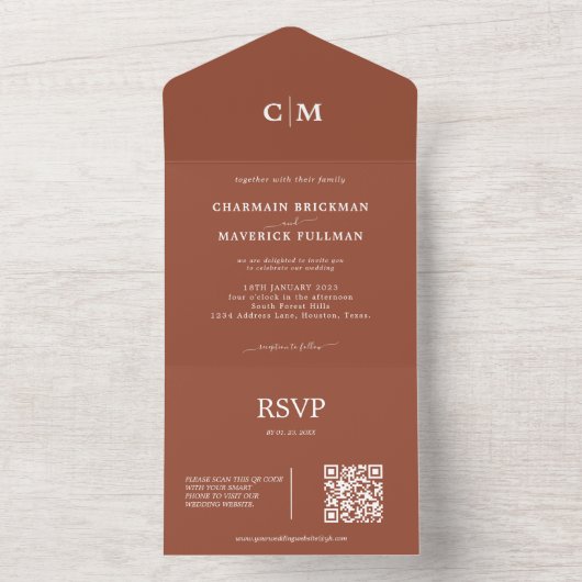 Moderne Terracotta Monogram QR Code UAWG Wedding All In One Einladung (Innen Boden)