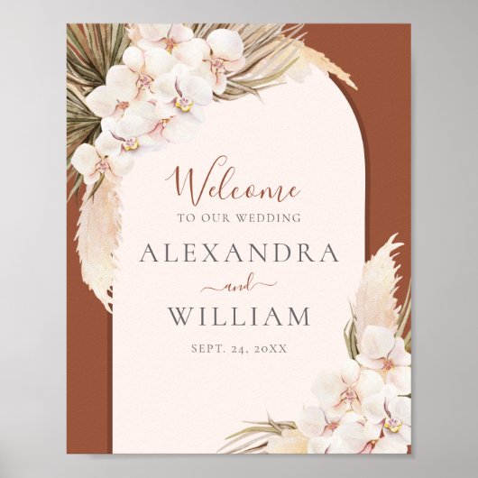 Moderne Terracotta Pampas Floral Wedding Willkomme Poster (Vorne)