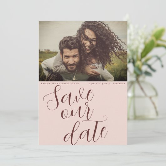 Moderne Terracotta Rette unser Datum Hochzeit Save The Date (Stehend Vorderseite)