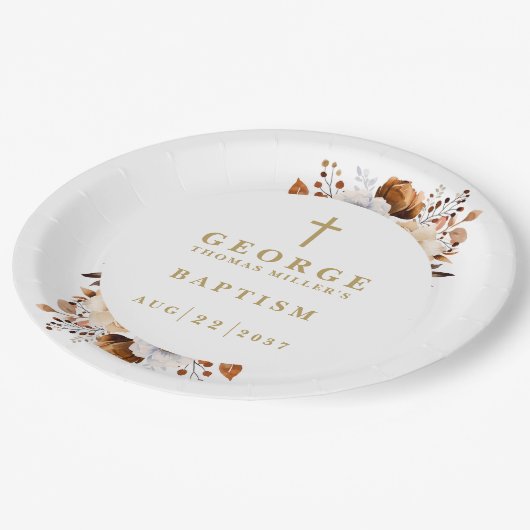 Moderne Terracotta Rustikale Herbstflorale Taufe Pappteller (Schrägansicht)