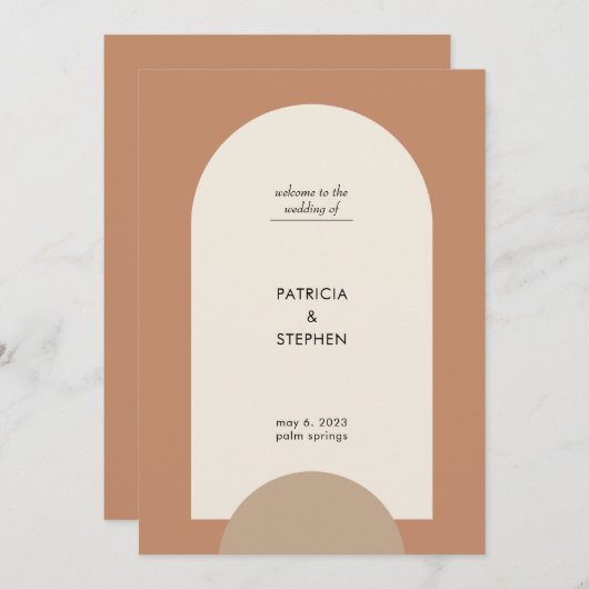 Moderne Terracotta Sand Boho Arch Geometric Weddin Programm (Vorne/Hinten)