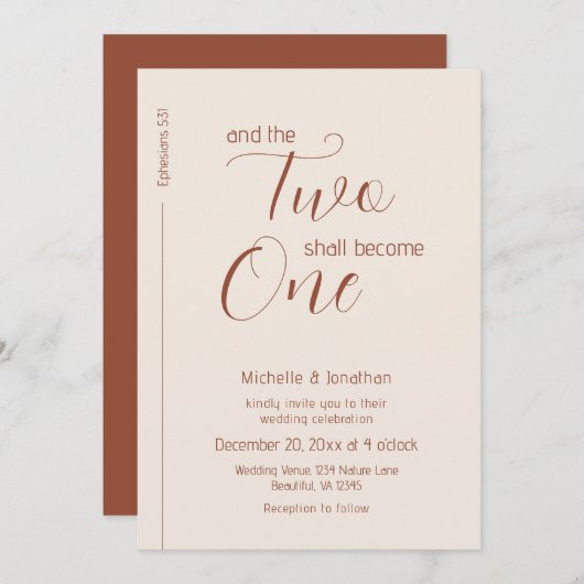 Moderne Terracotta Script Christlich Bible Wedding Einladung (Vorne/Hinten)