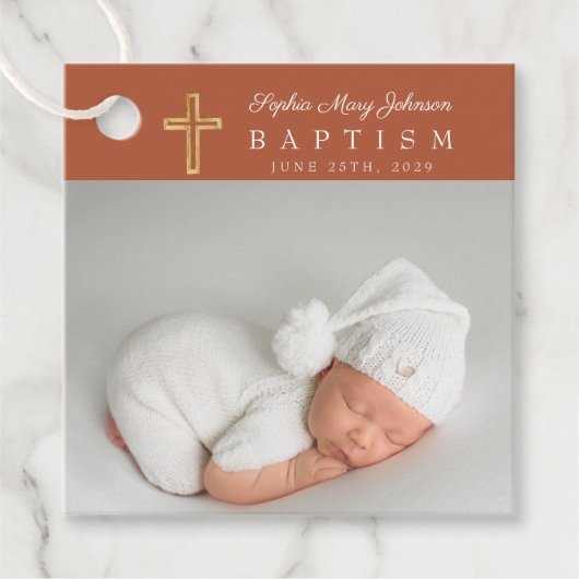 Moderne Terracotta Script Foto Taufe Vielen Dank Geschenkanhänger (Vorderseite)