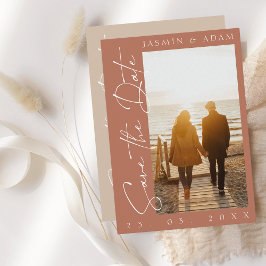 Moderne Terracotta Script Foto Wedding Save The Date