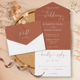 Moderne Terracotta-Script-Herz Minimalistische Hoc All In One Einladung