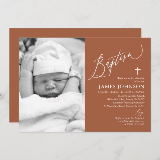 Moderne Terracotta Taufe Foto Einladung (Vorne/Hinten)