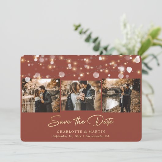 Moderne Terracotta und Gold 3 Foto Save the Date (Stehend Vorderseite)