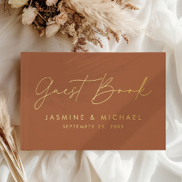 Moderne Terracotta- und Gold Foil-Script-Hochzeit Gästebuch