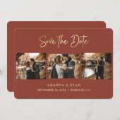Moderne Terracotta und Goldfolie Hochzeit 3 Foto Save The Date (Vorne/Hinten)