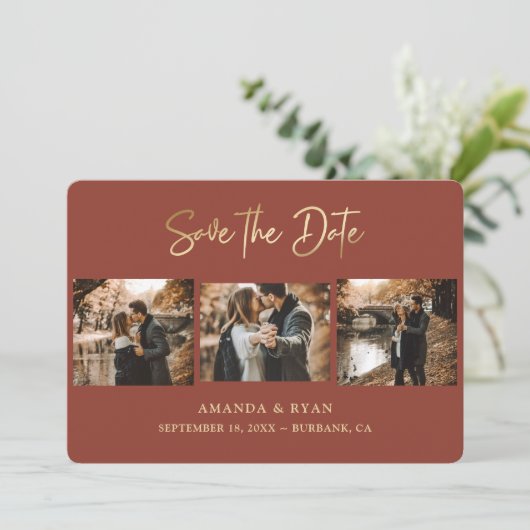 Moderne Terracotta und Goldfolie Hochzeit 3 Foto Save The Date (Stehend Vorderseite)