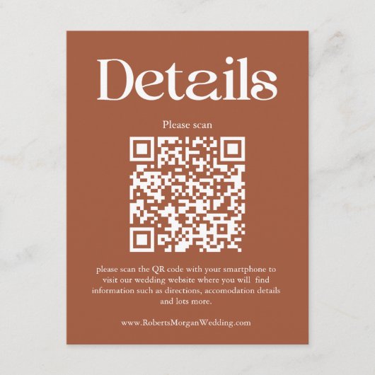Moderne Terracotta Wedding Details QR Code Begleitkarte (Vorderseite)