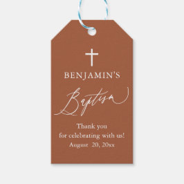 Moderne Terracotta Weißes Kreuz Taufetiketten Geschenkanhänger