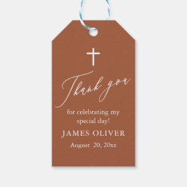 Moderne Terracotta Weißes Kreuz Taufetiketten Geschenkanhänger