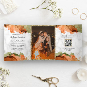 Moderne Terrakotta-Abstrakt-Tinte QR-Code-Hochzeit Dreifach Gefaltete Einladung