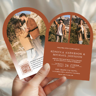 Moderne Terrakotta-Bogen-Foto-QR-Code-Hochzeit Einladung