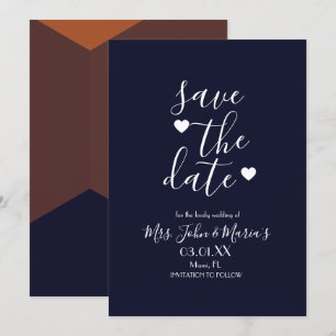 Moderne Terrakotta-Schokoladen-Navy Save-the-Date- Einladung