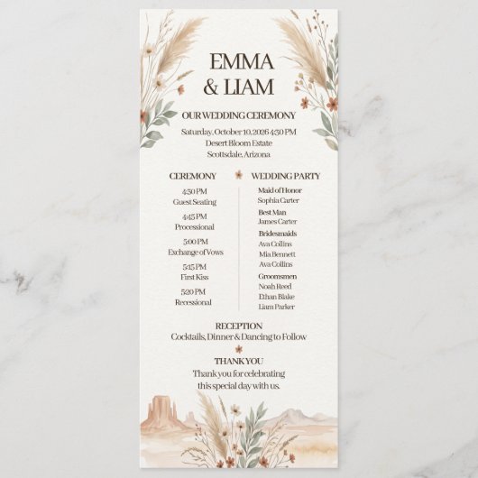 Moderne Terrakotta-Wüsten-Boho-Hochzeitsprogramm Programm (Vorderseite)