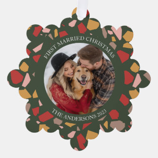 Moderne Terrazzo Erstes Verheiratetes Weihnachtsfe Ornament Karte