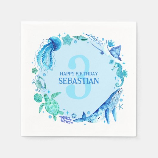 Moderne Tiere im Sommer Ozean Blaue Wasserfarbe Serviette (Vorderseite)