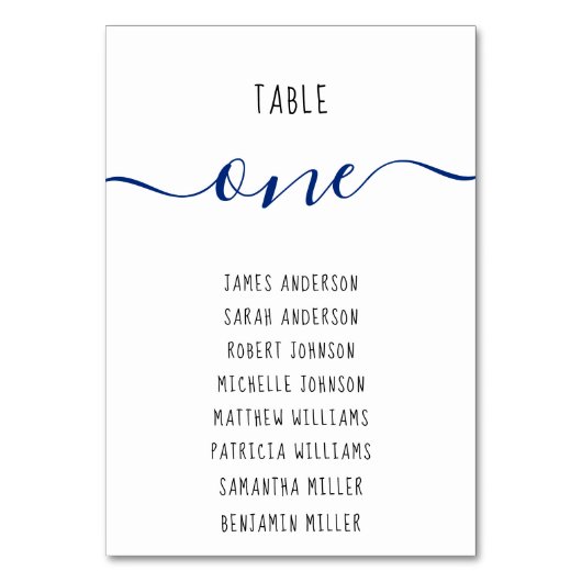 Moderne Tischsitze heißen Blau-Script Tischnummer (Rückseite)