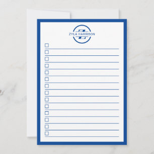 Moderne To-Do-Liste mit blauem Monogramm-Namen Einladung