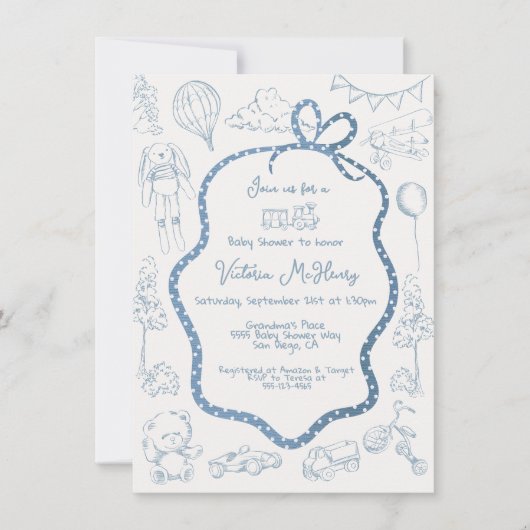 Moderne Toile de Jouy Baby Dusche Einladung (Vorderseite)