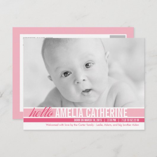 Moderne Tones - Geburtsankündigung - Rosa Ankündigungspostkarte (Vorne/Hinten)