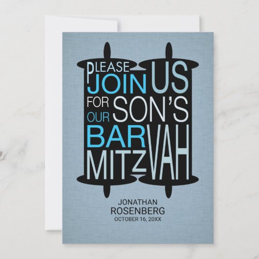 Moderne Torah Bar Mitzvah Einladung Grau und Blau (Vorderseite)