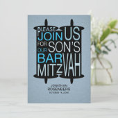 Moderne Torah Bar Mitzvah Einladung Grau und Blau (Stehend Vorderseite)