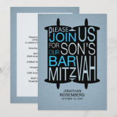 Moderne Torah Bar Mitzvah Einladung Grau und Blau (Vorne/Hinten)