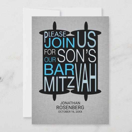 Moderne Torah Bar Mitzvah Einladung Grau und Blau (Vorderseite)