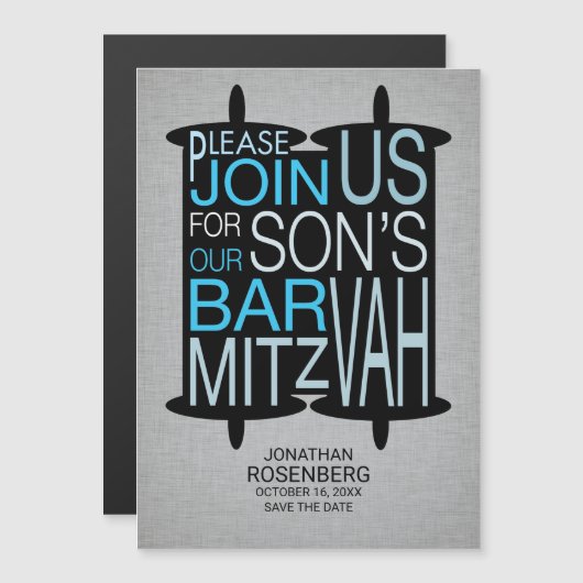 Moderne Torah Bar Mitzvah Grau Blau Magneteinladung (Vorne/Hinten)