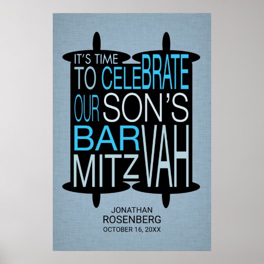 Moderne Torah Bar Mitzvah Poster Grau und Blau (Vorne)