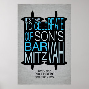 Moderne Torah Bar Mitzvah Poster Grau und Blau