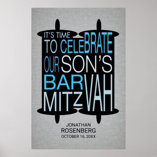 Moderne Torah Bar Mitzvah Poster Grau und Blau (Vorne)