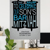 Moderne Torah Bar Mitzvah Poster Grau und Blau (Heimbüro)