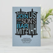 Moderne Torah Bar Mitzvah Save the Date Grau Blau (Stehend Vorderseite)
