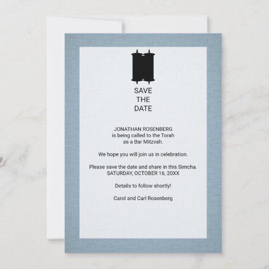 Moderne Torah Bar Mitzvah Save the Date Grau Blau (Rückseite)