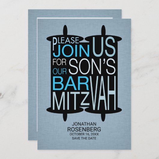 Moderne Torah Bar Mitzvah Save the Date Grau Blau (Vorne/Hinten)