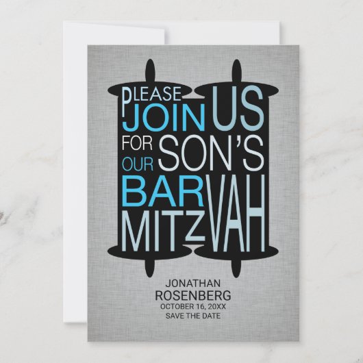 Moderne Torah Bar Mitzvah Save the Date Grau Blau (Vorderseite)