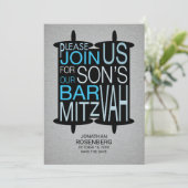 Moderne Torah Bar Mitzvah Save the Date Grau Blau (Stehend Vorderseite)