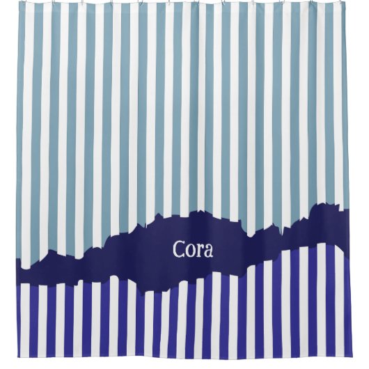 Moderne Torn White Stripes Blue Layered Name Duschvorhang (Vorderseite)