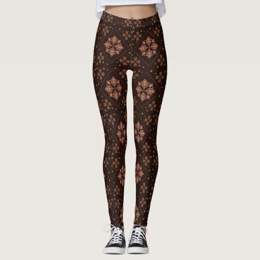 Moderne traditionelle Batik-Blumen-Braun-Muster Leggings (Vorderseite)