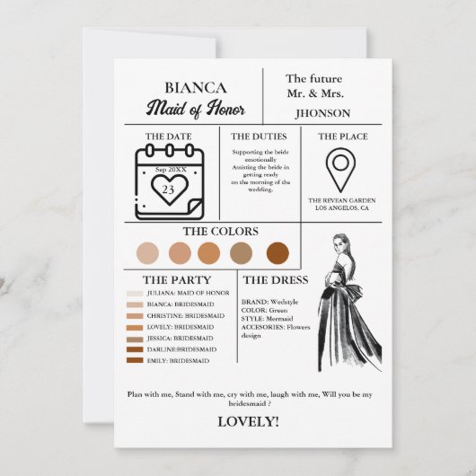 Moderne Trauzeugin Infocard Brautparty Karte (Vorderseite)