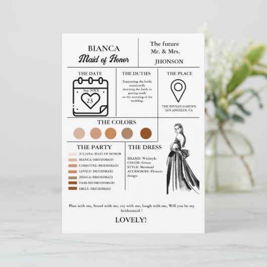 Moderne Trauzeugin Infocard Brautparty Karte (Stehend Vorderseite)